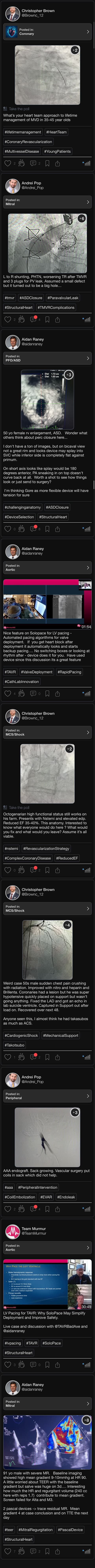 The MurmurMD feed: physician case posts with images, hashtags, and reactions